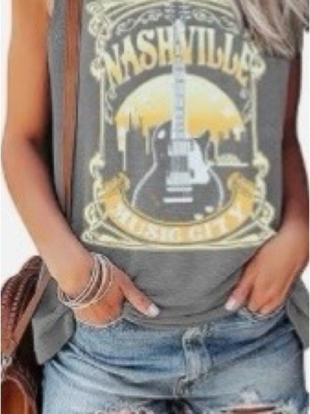 Nashville Graphic Tank Top - Grey with Yellow and Orange Print